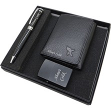 Kişiye Özel Set - Deri Cüzdan + Çakmak + Pierre Cardin Kalem Seti | Kalem + Hakiki Deri Cüzdan ve Çakmak | Isme Özel Hediyelik Set