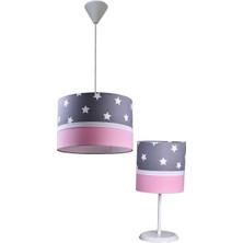 Onay Avize Gri Yıldızlı Pembe 2.li Set M-0388 Kumaş Kaplama Genç ve Çocuk Odası Avize ve Abajur Takımı