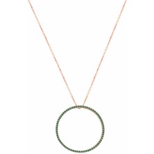 Emiliano Jewellery Yeşil Taşlı Pırlanta Montür Rose Altın Kaplama 32 mm Halka Gümüş Kolye