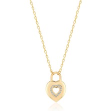 Emiliano Jewellery Zirkon Taşlı Pırlanta Montür Kilit Kalp Desenli Altın Kaplama Gümüş Kolye
