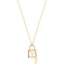 Emiliano Jewellery Zirkon Taşlı Pırlanta Montür Altın Kaplama Anahtarlı Kilit Y Harfi Gümüş Kolye