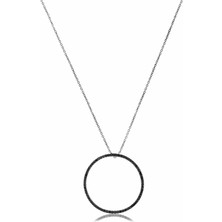 Emiliano Jewellery Siyah Taşlı Pırlanta Montür Rodium Kaplama 32 mm Yuvarlak Gümüş Kolye