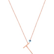 Emiliano Jewellery Taşsız Nazar Boncuklu T Harfi Rose Kaplama Gümüş Kolye