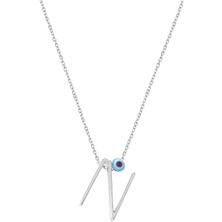 Emiliano Jewellery Taşsız Nazar Boncuklu N Harfi Gümüş Rengi Gümüş Kolye