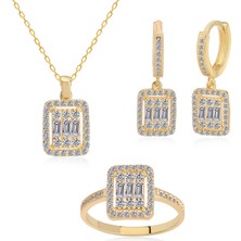 Emiliano Jewellery Baget Taşlı Altın Kaplama Üçlü Gümüş Set
