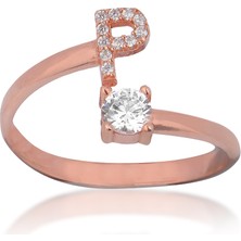 Emiliano Jewellery Zirkon Taşlı Pırlanta Montür Rose Altın Kaplama P Harfli Gümüş Yüzük