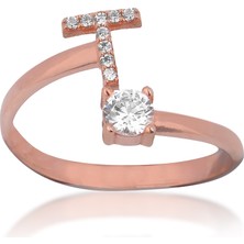 Emiliano Jewellery Zirkon Taşlı Pırlanta Montür Rose Altın Kaplama T Harfli Gümüş Yüzük