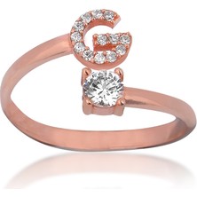 Emiliano Jewellery Zirkon Taşlı Pırlanta Montür Rose Altın Kaplama G Harfli Gümüş Yüzük