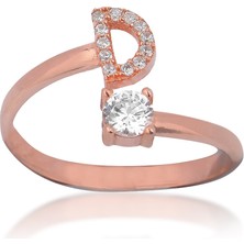 Emiliano Jewellery Zirkon Taşlı Pırlanta Montür Rose Altın Kaplama D Harfli Gümüş Yüzük