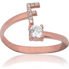 Emiliano Jewellery Zirkon Taşlı Pırlanta Montür Rose Altın Kaplama F Harfli Gümüş Yüzük