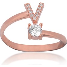Emiliano Jewellery Zirkon Taşlı Pırlanta Montür Rose Altın Kaplama V Harfli Gümüş Yüzük
