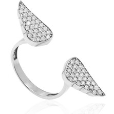 Emiliano Jewellery Zirkon Taşlı Pırlanta Montür Gümüş Rengi Kaplama Kanat Desenli Gümüş Yüzük