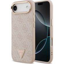 iPhone 17 Air Kılıf Guess Lisanslı M-Safe Şarjlı Gold Metal Kamera Çerçeveli Taşlı Üçgen Logo Pembe