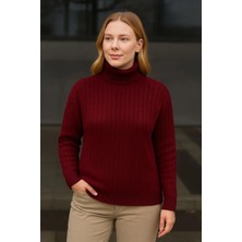 Rawea Fashion Kadın Balıkcı Yaka Bağazlı Triko Kazak Pamuklu Kalın Fitilli Dokuma - Bordo