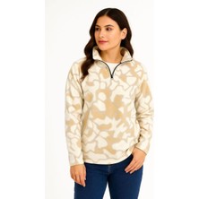 Rawea Fashion Kadın Yarım Fermuarlı Desenli Polar Sweat Yakalı, Uzun Kollu, Oversize Rahat Kalıp - Bej