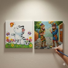 Dudu Gift Okul Etkinliği-2'li Tuval Boyama Seti. 20X20 cm Uv Baskı 6 Akrilik Boya 1 FIRÇA-MODEL-358