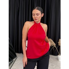 Halter Yaka Sırt Dekolteli Saten Bluz