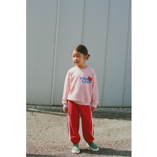 Magu Kız Çocuk Pamuklu Pembe Baskılı Sweat & Kırmızı Eşofman Altı Takımı – Şerit Detaylı