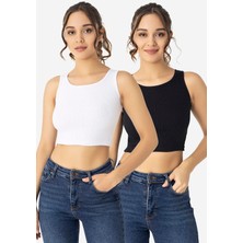 Kadın Pamuklu Fitilli Halter Yaka Kalın Askılı Crop Beyaz Siyah 2'li Paket