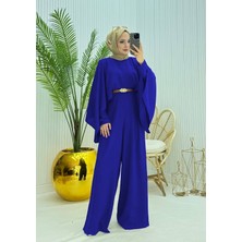 Neşeli Butik Kadın Pelerinli Kemer Detaylı Saks Renkli Tesettür Tulum %100 Polyester