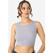Kadın Pamuklu Fitilli Halter Yaka Kalın Askılı Crop Gri
