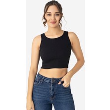 Kadın Pamuklu Fitilli Halter Yaka Kalın Askılı Crop Siyah