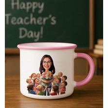 Bk Gift Kişiye Özel Öğretmen Karikatürlü Pembe Enamel Kupa Bardak -3, Öğretmene Hediye, Öğretmenler Günü Hediyesi