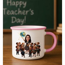 Bk Gift Kişiye Özel Öğretmen Karikatürlü Pembe Enamel Kupa Bardak -1, Öğretmene Hediye, Öğretmenler Günü Hediyesi