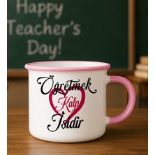 Bk Gift Öğretmen Tasarımlı Pembe Enamel Kupa Bardak -1, Öğretmene Hediye, Öğretmenler Günü Hediyesi