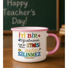 Bk Gift Kişiye Özel Öğretmen Tasarımlı Pembe Enamel Kupa Bardak -3, Öğretmene Hediye, Öğretmenler Günü Hediyesi