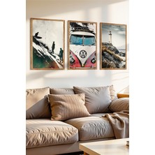 Zevahir Mobilya Dekorasyon 3 Parça Dalga ve Yol Temalı Ahşap Çerçeve Görünümlü Mdf Tablo Seti