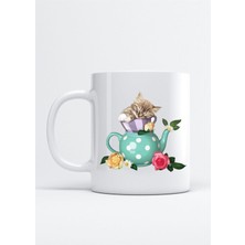 Fincan ve Kedi Baskılı Porselen Kupa Bardak