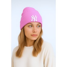 Verahed Ny New York Nakışlı Yumuşak Dokulu Unisex Kışlık Şapka Akrilik Pembe Renk Triko Bere