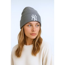 Verahed Ny New York Nakışlı Yumuşak Dokulu Unisex Kışlık Şapka Akrilik Gri Renk Triko Bere