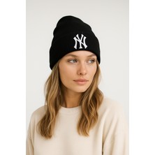 Verahed Ny New York Nakışlı Yumuşak Dokulu Unisex Kışlık Şapka Akrilik Siyah Renk Triko Bere