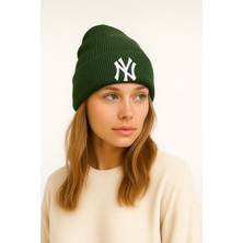 Verahed Ny New York Nakışlı Yumuşak Dokulu Unisex Kışlık Şapka Akrilik Haki Renk Triko Bere