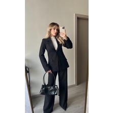 Jamolls Beli Daralan Orta Boy Astarlı Vatkalı Tasarım Cep Detay Premium Blazer Ceket Yüksek Bel Palazzo Pantolon Ikili Şık Muadil Takım
