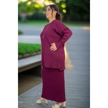 Yagmur Beren  Saç Örgü Desen Bisiklet Yaka Uzun Kol Bluz Beli Lastikli Etek Büyük Beden Merserize Ikili Takım