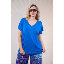 Roxxlen Kadın Büyük Beden Beria V Yaka Bluz Mavi