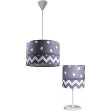 Onay Avize Gri Yıldızlı Gri Beyaz 2.li Set M-0387 Kumaş Kaplama Genç ve Çocuk Odası Avize ve Abajur Takımı