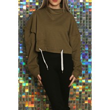 Sclouthe Kadın Baskılı Kuş Gözü Detaylı Kalın Şık Modern Crop Sweatshirt