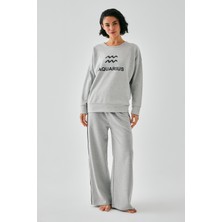 Akbeniz Kadın Gri Kova Burcu Oversize 2 Iplik Eşofman Ev Giyim Takımı