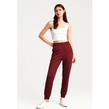 Tommy Life Bordo Yüksek Bel Jogger Rahat Form Manşetli Kadın Eşofman Alt - 94561
