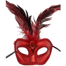 Shopwave Kırmızı Renk Rugan Kaplama Kırmızı Tüylü Parti Maskesi 18X20 cm