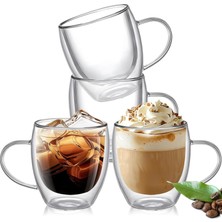 Mena Rise Çift Katmanlı Cam Kupa 250 ml Lüx Çift Cidarlı Kupa - Termos - Iki Duvarlı Yapısı ile Uzun Süre -Soğuk Tutma Özelliği, Kulplu Kahve Espresso Bardağı Brosilikat Layer Cup