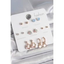 Skygo Pirinç Gold Renk Zirkon Taşlı Sallantı Halka Figür Kalp Detay 7 Çift Kadın Küpe - TJ-BKP10533