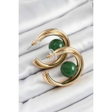 Skygo Pirinç Gold Renk Halka Model Yeşil Boncuk Detay Kadın Küpe - TJ-BKP10365