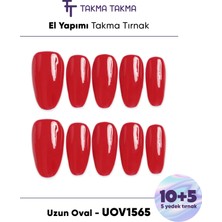 15'li Kırmızı Uzun Oval UOV1565 Tekrar Kullanılabilir El Yapımı Protez Takma Tırnak - Kırmızı-M
