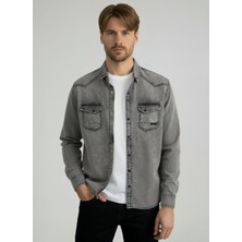 A02Teks Erkek Gömlek Slim Fit Erkek Yıkamalı Cepli Kot Gömlek