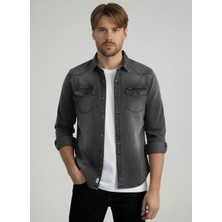 A02Teks Erkek Gömlek Slim Fit Erkek Yıkamalı Cepli Kot Gömlek